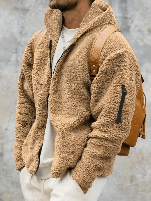 Casual men's fleece zip-up hooded jacket SF1897, warm and cozy with zipper closure, ideal for stylish outdoor activities.